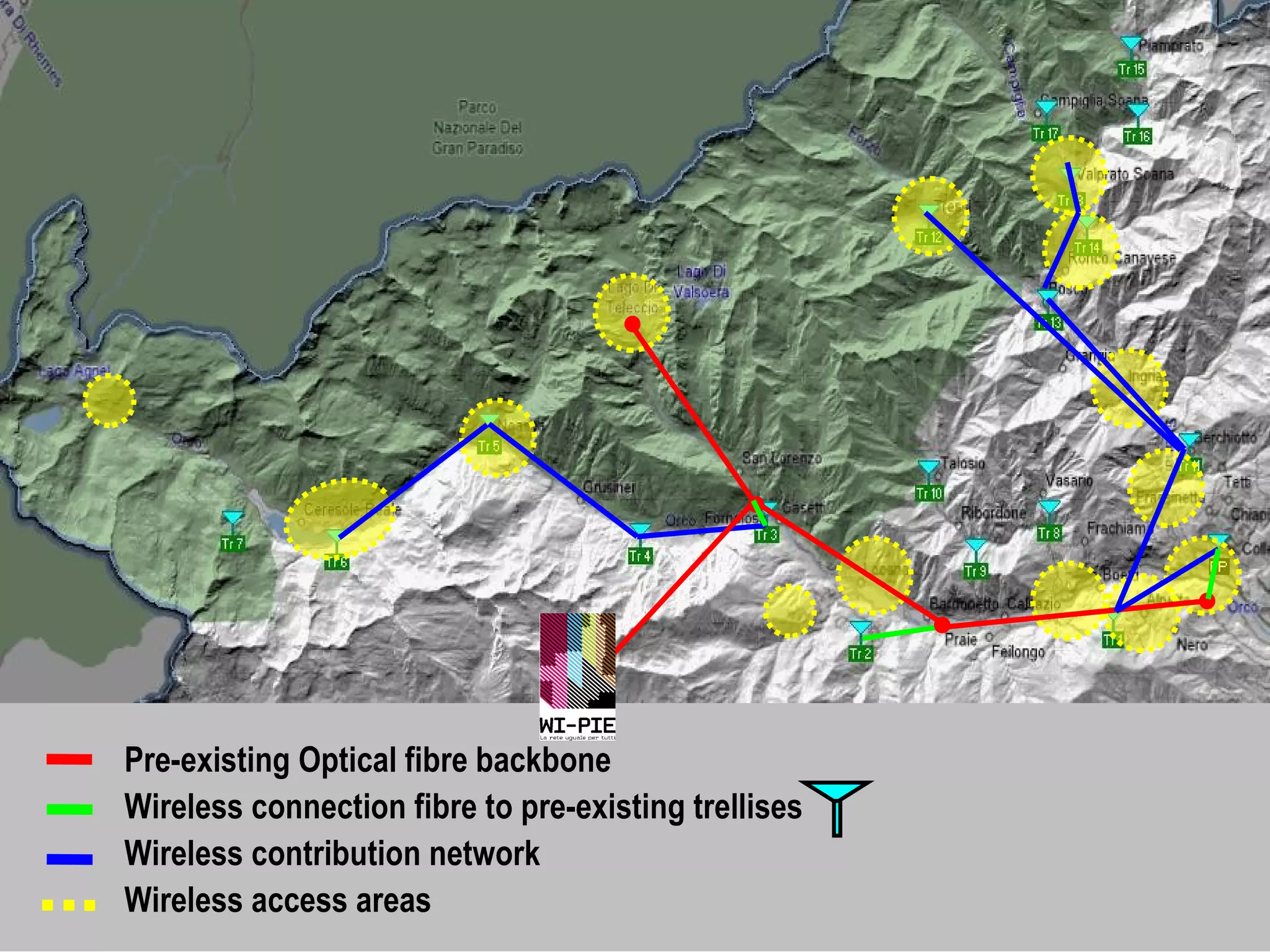 NETWORK: Architecture (2) Pre-existing Optical fibre backbone Wireless connection fibre to pre-existing trellises Wireless contribution network Wireless access areas 