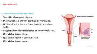 Stage I cervical cancer
• Tumor is confined to the cervix
• Stage IA: Microscopic disease
• IA1:Invasion is ≤ 3mm in depth and ≤7mm wide.
• IA2:Invasion is > 3mm ≤ 5mm in depth and ≤7mm
wide.
• Stage IB:Clinically visible lesion or Microscopic > IA2
• IB1: Visible lesion ≤ 2cm
• IB2: Visible lesion > 2cm but ≤ 4cm
• IB3: Visible lesion > 4cm
 