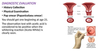 DIAGNOSTIC EVALUATION
• History Collection
• Physical Examination
• Pap smear (Papanicolaou smear)
You should get one beginning at age 21.
The observation test with acetic acid is
considered to be positive when the
whitening reaction (Aceto White) is
clearly seen.
 