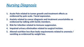 Nursing Diagnosis
1. Acute Pain related to tumor growth and treatment effects as
evidenced by pain scale / facial expression.
2. Anxiety related to cancer diagnosis and treatment uncertainties as
evidenced by talking with family members.
3. Risk for Infection related to immune suppression.
4. Impaired urinary elimination related to surgical incision.
5. Altered nutrition less than body requirements related to anorexia /
vomiting as evidenced by weight loss.
 