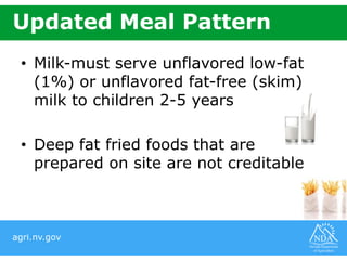 agri.nv.gov
Updated Meal Pattern
• Milk-must serve unflavored low-fat
(1%) or unflavored fat-free (skim)
milk to children 2-5 years
• Deep fat fried foods that are
prepared on site are not creditable
 