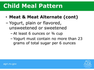 agri.nv.gov
Child Meal Pattern
• Meat & Meat Alternate (cont)
– Yogurt, plain or flavored,
unsweetened or sweetened
– At least 6 ounces or ¾ cup
– Yogurt must contain no more than 23
grams of total sugar per 6 ounces
 
