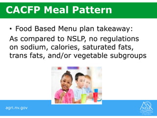 agri.nv.gov
CACFP Meal Pattern
• Food Based Menu plan takeaway:
As compared to NSLP, no regulations
on sodium, calories, saturated fats,
trans fats, and/or vegetable subgroups
 