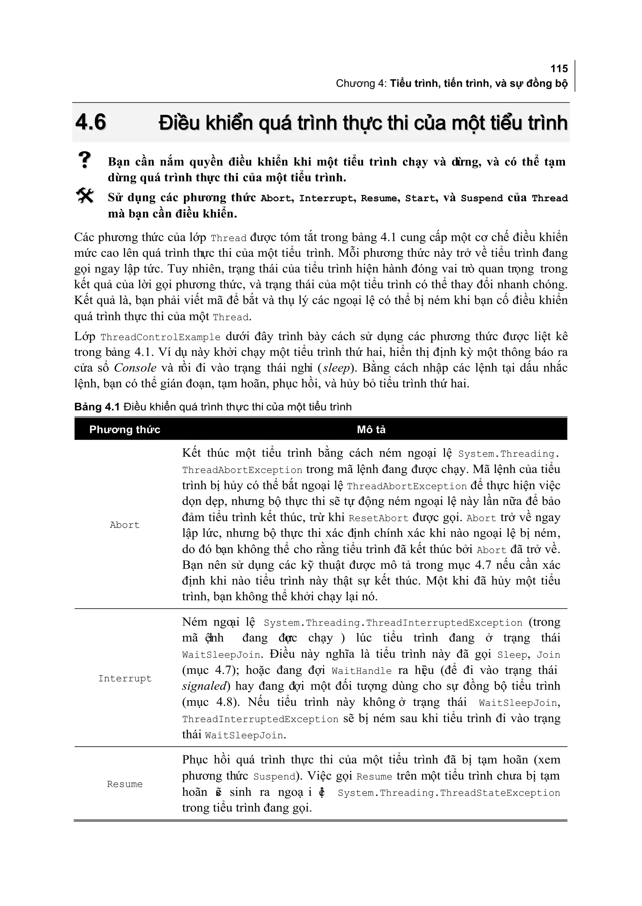 115
                                                     Chương 4: Tiểu trình, tiến trình, và sự đồng bộ



4.6              Điều khiển quá trình thực thi của một tiểu trình
     Bạn cần nắm quyền điều khiển khi một tiểu trình chạy và dừng, và có thể tạm
      dừng quá trình thực thi của một tiểu trình.
     Sử dụng các phương thức Abort, Interrupt, Resume, Start, và Suspend của Thread
      mà bạn cần điều khiển.
Các phương thức của lớp Thread được tóm tắt trong bảng 4.1 cung cấp một cơ chế điều khiển
mức cao lên quá trình thực thi của một tiểu trình. Mỗi phương thức này trở về tiểu trình đang
gọi ngay lập tức. Tuy nhiên, trạng thái của tiểu trình hiện hành đóng vai trò quan trọng trong
kết quả của lời gọi phương thức, và trạng thái của một tiểu trình có thể thay đổi nhanh chóng.
Kết quả là, bạn phải viết mã để bắt và thụ lý các ngoại lệ có thể bị ném khi bạn cố điều khiển
quá trình thực thi của một Thread.
Lớp ThreadControlExample dưới đây trình bày cách sử dụng các phương thức được liệt kê
trong bảng 4.1. Ví dụ này khởi chạy một tiểu trình thứ hai, hiển thị định kỳ một thông báo ra
cửa sổ Console và rồi đi vào trạng thái nghỉ ( sleep). Bằng cách nhập các lệnh tại dấu nhắc
lệnh, bạn có thể gián đoạn, tạm hoãn, phục hồi, và hủy bỏ tiểu trình thứ hai.
Bảng 4.1 Điều khiển quá trình thực thi của một tiểu trình

   Phương thức                                              Mô tả

                      Kết thúc một tiểu trình bằng cách ném ngoại lệ System.Threading.
                      ThreadAbortException trong mã lệnh đang được chạy. Mã lệnh của tiểu
                      trình bị hủy có thể bắt ngoại lệ ThreadAbortException để thực hiện việc
                      dọn dẹp, nhưng bộ thực thi sẽ tự động ném ngoại lệ này lần nữa để bảo
                      đảm tiểu trình kết thúc, trừ khi ResetAbort được gọi. Abort trở về ngay
       Abort
                      lập lức, nhưng bộ thực thi xác định chính xác khi nào ngoại lệ bị ném,
                      do đó bạn không thể cho rằng tiểu trình đã kết thúc bởi Abort đã trở về.
                      Bạn nên sử dụng các kỹ thuật được mô tả trong mục 4.7 nếu cần xác
                      định khi nào tiểu trình này thật sự kết thúc. Một khi đã hủy một tiểu
                      trình, bạn không thể khởi chạy lại nó.

                      Ném ngo lệ System.Threading.ThreadInterruptedException (trong
                               ại
                      mã ệnh đang đưc chạy ) lúc tiểu trình đang ở trạng thái
                            l           ợ
                      WaitSleepJoin. Điều này nghĩa là tiểu trình này đã gọi Sleep, Join
                      (mục 4.7); hoặc đang đợi WaitHandle ra hi u (để đi vào trạng thái
                                                                ệ
    Interrupt
                      signaled) hay đang đợi một đối tượng dùng cho sự đồng bộ tiểu trình
                      (mục 4.8). Nếu tiểu trình này không ở trạng thái WaitSleepJoin,
                      ThreadInterruptedException sẽ bị ném sau khi tiểu trình đi vào trạng
                      thái WaitSleepJoin.

                      Phục hồi quá trình thực thi của một tiểu trình đã bị tạm hoãn (xem
                      phương thức Suspend). Việc gọi Resume trên một tiểu trình chưa bị tạm
      Resume
                      hoãn s sinh ra ngoạ i ệ System.Threading.ThreadStateException
                             ẽ                   l
                      trong tiểu trình đang gọi.
 