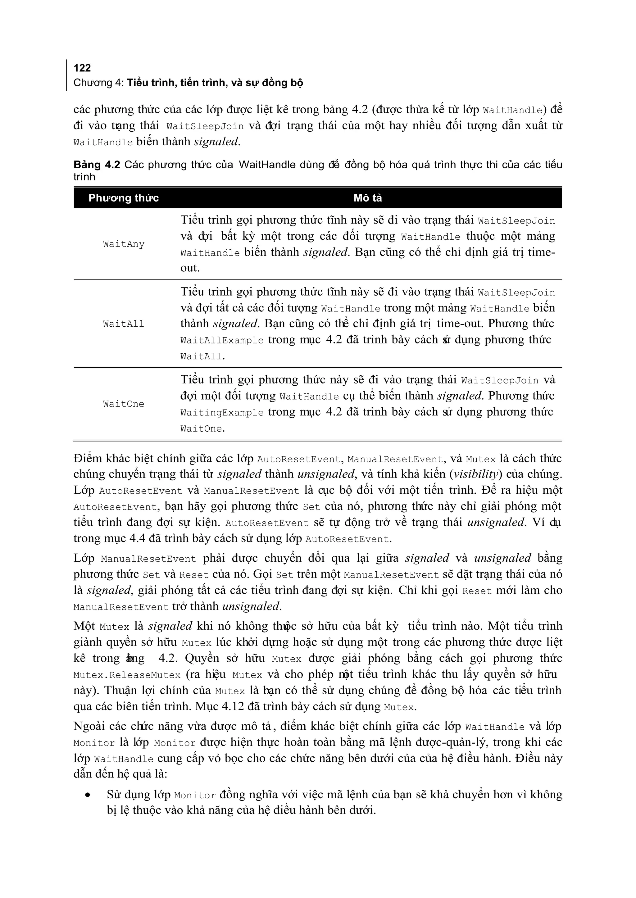 122
Chương 4: Tiểu trình, tiến trình, và sự đồng bộ

các phương thức của các lớp được liệt kê trong bảng 4.2 (được thừa kế từ lớp WaitHandle) để
đi vào tr
        ạng thái WaitSleepJoin và đợi trạng thái của một hay nhiều đối tượng dẫn xuất từ
WaitHandle biến thành signaled.

Bảng 4.2 Các phương thức của WaitHandle dùng để đồng bộ hóa quá trình thực thi của các tiểu
trình

   Phương thức                                       Mô tả

                     Tiểu trình gọi phương thức tĩnh này sẽ đi vào trạng thái WaitSleepJoin
                     và đợi bất kỳ một trong các đối tượng WaitHandle thuộc một mảng
      WaitAny
                     WaitHandle biến thành signaled. Bạn cũng có thể chỉ định giá trị time-
                     out.
                     Tiểu trình gọi phương thức tĩnh này sẽ đi vào trạng thái WaitSleepJoin
                     và đợi tất cả các đối tượng WaitHandle trong một mảng WaitHandle biến
      WaitAll        thành signaled. Bạn cũng có thể chỉ định giá trị time-out. Phương thức
                     WaitAllExample trong mục 4.2 đã trình bày cách s dụng phương thức
                                                                        ử
                     WaitAll.

                     Tiểu trình gọi phương thức này sẽ đi vào trạng thái WaitSleepJoin và
                     đợi một đối tượng WaitHandle cụ thể biến thành signaled. Phương thức
      WaitOne
                     WaitingExample trong mục 4.2 đã trình bày cách sử dụng phương thức
                     WaitOne.

Điểm khác biệt chính giữa các lớp AutoResetEvent, ManualResetEvent, và Mutex là cách thức
chúng chuyển trạng thái từ signaled thành unsignaled, và tính khả kiến (visibility) của chúng.
Lớp AutoResetEvent và ManualResetEvent là cục bộ đối với một tiến trình. Để ra hiệu một
AutoResetEvent, bạn hãy gọi phương thức Set của nó, phương thức này chỉ giải phóng một
tiểu trình đang đợi sự kiện. AutoResetEvent sẽ tự động trở về trạng thái unsignaled. Ví dụ
trong mục 4.4 đã trình bày cách sử dụng lớp AutoResetEvent.
Lớp ManualResetEvent phải được chuyển đổi qua lại giữa signaled và unsignaled bằng
phương thức Set và Reset của nó. Gọi Set trên một ManualResetEvent sẽ đặt trạng thái của nó
là signaled, giải phóng tất cả các tiểu trình đang đợi sự kiện. Chỉ khi gọi Reset mới làm cho
ManualResetEvent trở thành unsignaled.
Một Mutex là signaled khi nó không thu sở hữu của bất kỳ tiểu trình nào. Một tiểu trình
                                          ộc
giành quyền sở hữu Mutex lúc khởi dựng hoặc sử dụng một trong các phương thức được liệt
kê trong ảng 4.2. Quyền sở hữu Mutex được giải phóng bằng cách gọi phương thức
          b
Mutex.ReleaseMutex (ra hiệu Mutex và cho phép m tiểu trình khác thu lấy quyền sở hữu
                                                     ột
này). Thuận lợi chính của Mutex là bạn có thể sử dụng chúng để đồng bộ hóa các tiểu trình
qua các biên tiến trình. Mục 4.12 đã trình bày cách sử dụng Mutex.
Ngoài các chức năng vừa được mô tả , điểm khác biệt chính giữa các lớp WaitHandle và lớp
Monitor là lớp Monitor được hiện thực hoàn toàn bằng mã lệnh được-quản-lý, trong khi các
lớp WaitHandle cung cấp vỏ bọc cho các chức năng bên dưới của của hệ điều hành. Điều này
dẫn đến hệ quả là:
  •   Sử dụng lớp Monitor đồng nghĩa với việc mã lệnh của bạn sẽ khả chuyển hơn vì không
      bị lệ thuộc vào khả năng của hệ điều hành bên dưới.
 