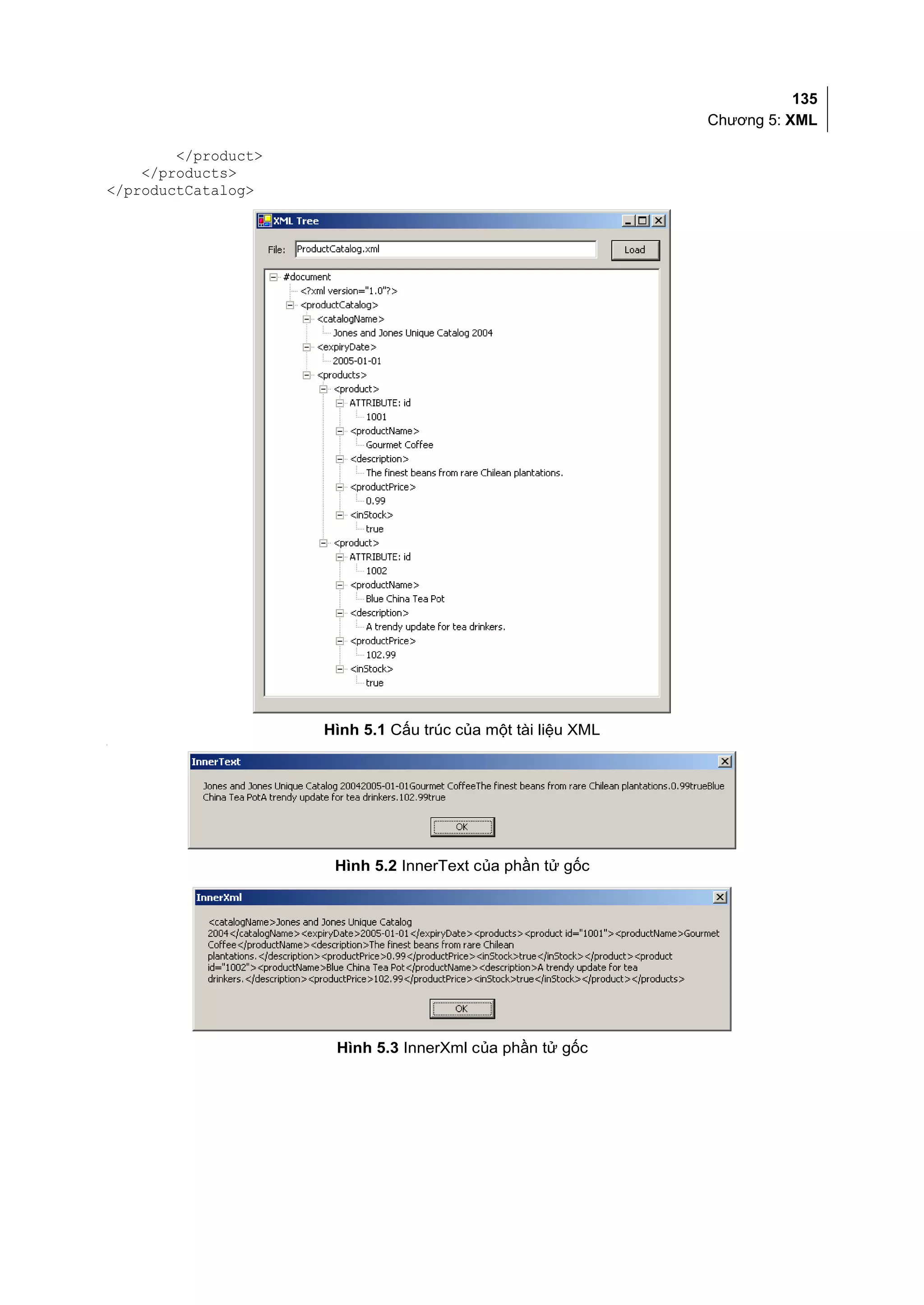 135
                                                              Chương 5: XML

        </product>
    </products>
</productCatalog>




                     Hình 5.1 Cấu trúc của một tài liệu XML
[




                      Hình 5.2 InnerText của phần tử gốc




                      Hình 5.3 InnerXml của phần tử gốc
 