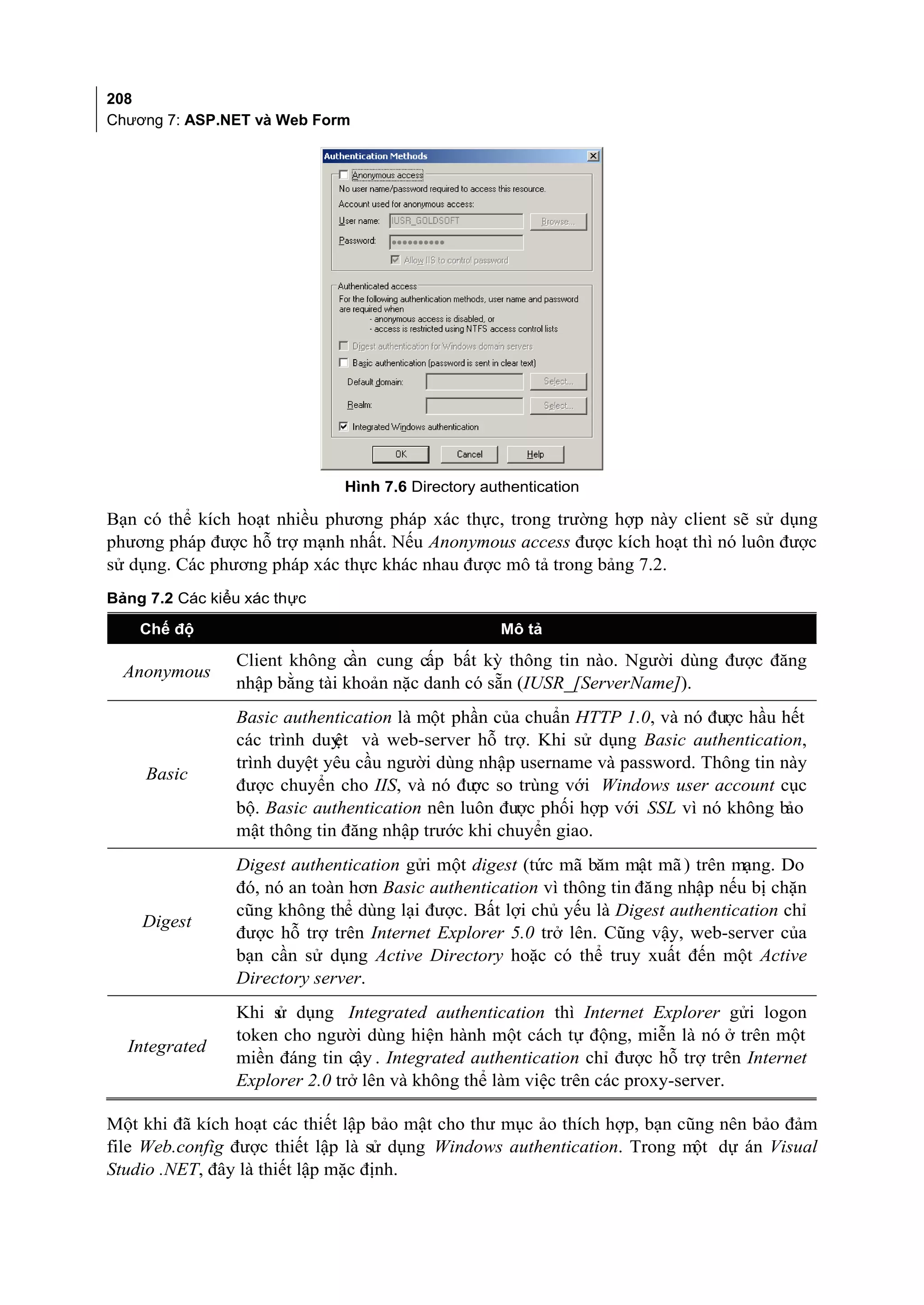 208
Chương 7: ASP.NET và Web Form




                              Hình 7.6 Directory authentication

Bạn có thể kích hoạt nhiều phương pháp xác thực, trong trường hợp này client sẽ sử dụng
phương pháp được hỗ trợ mạnh nhất. Nếu Anonymous access được kích hoạt thì nó luôn được
sử dụng. Các phương pháp xác thực khác nhau được mô tả trong bảng 7.2.
Bảng 7.2 Các kiểu xác thực

    Chế độ                                         Mô tả

                Client không cần cung cấp bất kỳ thông tin nào. Người dùng được đăng
  Anonymous
                nhập bằng tài khoản nặc danh có sẵn (IUSR_[ServerName]).
                Basic authentication là một phần của chuẩn HTTP 1.0, và nó được hầu hết
                các trình duy và web-server hỗ trợ. Khi sử dụng Basic authentication,
                             ệt
                trình duyệt yêu cầu người dùng nhập username và password. Thông tin này
     Basic
                được chuyển cho IIS, và nó đư so trùng với Windows user account cục
                                               ợc
                bộ. Basic authentication nên luôn được phối hợp với SSL vì nó không bảo
                mật thông tin đăng nhập trước khi chuyển giao.
                Digest authentication gửi một digest (tức mã băm mật mã ) trên mạng. Do
                đó, nó an toàn hơn Basic authentication vì thông tin đăng nhập nếu bị chặn
                cũng không thể dùng lại được. Bất lợi chủ yếu là Digest authentication chỉ
    Digest
                được hỗ trợ trên Internet Explorer 5.0 trở lên. Cũng vậy, web-server của
                bạn cần sử dụng Active Directory hoặc có thể truy xuất đến một Active
                Directory server.
                Khi s dụng Integrated authentication thì Internet Explorer gửi logon
                     ử
                token cho người dùng hiện hành một cách tự động, miễn là nó ở trên một
  Integrated
                miền đáng tin cậy . Integrated authentication chỉ được hỗ trợ trên Internet
                Explorer 2.0 trở lên và không thể làm việc trên các proxy-server.

Một khi đã kích hoạt các thiết lập bảo mật cho thư mục ảo thích hợp, bạn cũng nên bảo đảm
file Web.config được thiết lập là sử dụng Windows authentication. Trong m dự án Visual
                                                                           ột
Studio .NET, đây là thiết lập mặc định.
 
