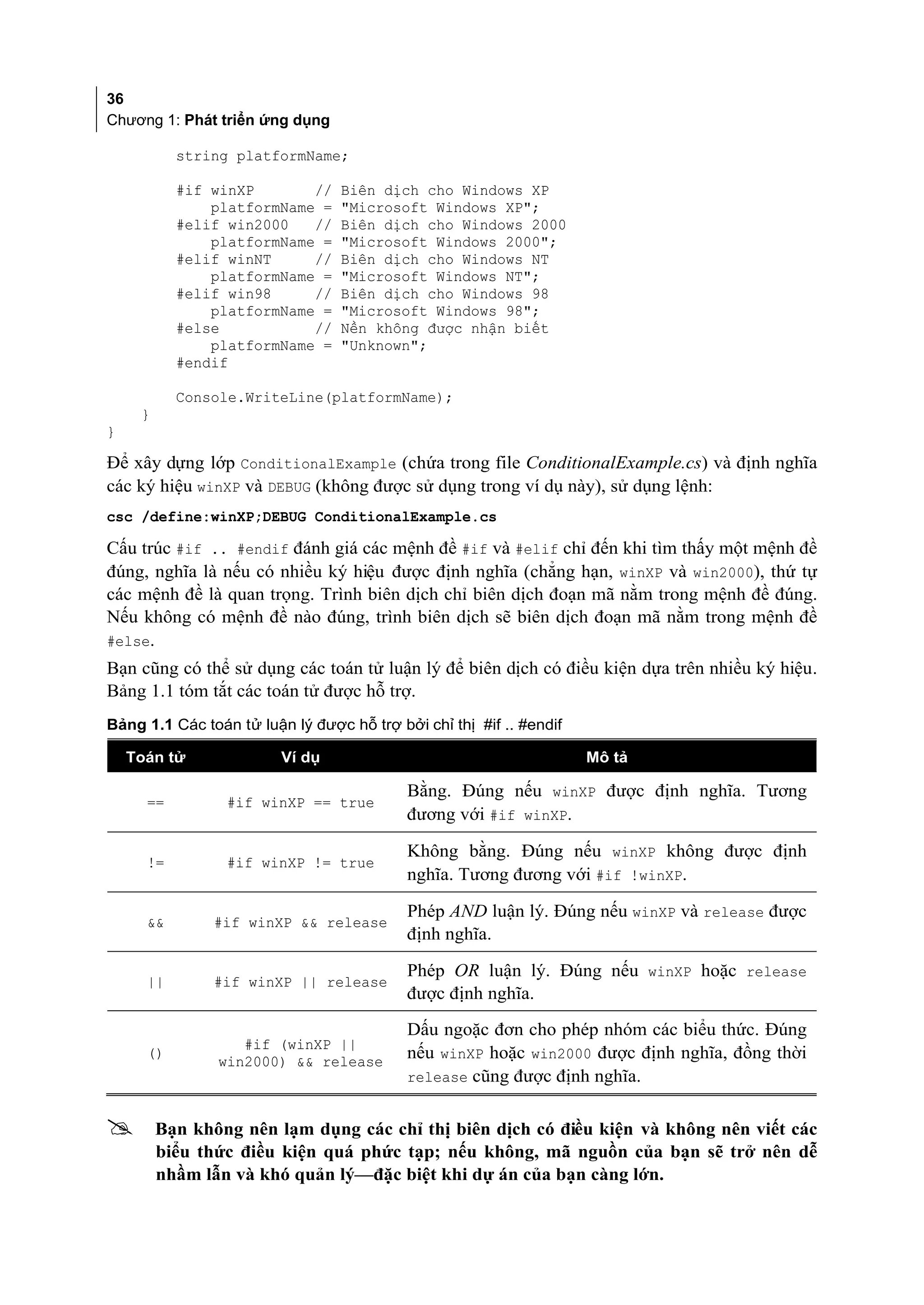 36
Chương 1: Phát triển ứng dụng

           string platformName;

           #if winXP       //    Biên dịch cho Windows XP
               platformName =    "Microsoft Windows XP";
           #elif win2000   //    Biên dịch cho Windows 2000
               platformName =    "Microsoft Windows 2000";
           #elif winNT     //    Biên dịch cho Windows NT
               platformName =    "Microsoft Windows NT";
           #elif win98     //    Biên dịch cho Windows 98
               platformName =    "Microsoft Windows 98";
           #else           //    Nền không được nhận biết
               platformName =    "Unknown";
           #endif

           Console.WriteLine(platformName);
     }
}

Để xây dựng lớp ConditionalExample (chứa trong file ConditionalExample.cs) và định nghĩa
các ký hiệu winXP và DEBUG (không được sử dụng trong ví dụ này), sử dụng lệnh:
csc /define:winXP;DEBUG ConditionalExample.cs

Cấu trúc #if .. #endif đánh giá các mệnh đề #if và #elif chỉ đến khi tìm thấy một mệnh đề
đúng, nghĩa là nếu có nhiều ký hiệu được định nghĩa (chẳng hạn, winXP và win2000), thứ tự
các mệnh đề là quan trọng. Trình biên dịch chỉ biên dịch đoạn mã nằm trong mệnh đề đúng.
Nếu không có mệnh đề nào đúng, trình biên dịch sẽ biên dịch đoạn mã nằm trong mệnh đề
#else.
Bạn cũng có thể sử dụng các toán tử luận lý để biên dịch có điều kiện dựa trên nhiều ký hiệu.
Bảng 1.1 tóm tắt các toán tử được hỗ trợ.
Bảng 1.1 Các toán tử luận lý được hỗ trợ bởi chỉ thị #if .. #endif

    Toán tử              Ví dụ                                       Mô tả

                                           Bằng. Đúng nếu winXP được định nghĩa. Tương
      ==         #if winXP == true
                                           đương với #if winXP.

                                           Không bằng. Đúng nếu winXP không được định
      !=         #if winXP != true
                                           nghĩa. Tương đương với #if !winXP.

                                           Phép AND luận lý. Đúng nếu winXP và release được
      &&        #if winXP && release
                                           định nghĩa.

                                           Phép OR luận lý. Đúng nếu winXP hoặc release
      ||        #if winXP || release
                                           được định nghĩa.

                                           Dấu ngoặc đơn cho phép nhóm các biểu thức. Đúng
                   #if (winXP ||
      ()
                win2000) && release
                                           nếu winXP hoặc win2000 được định nghĩa, đồng thời
                                           release cũng được định nghĩa.


        Bạn không nên lạm dụng các chỉ thị biên dịch có điều kiện và không nên viết các
         biểu thức điều kiện quá phức tạp; nếu không, mã nguồn của bạn sẽ trở nên dễ
         nhầm lẫn và khó quản lý—đặc biệt khi dự án của bạn càng lớn.
 