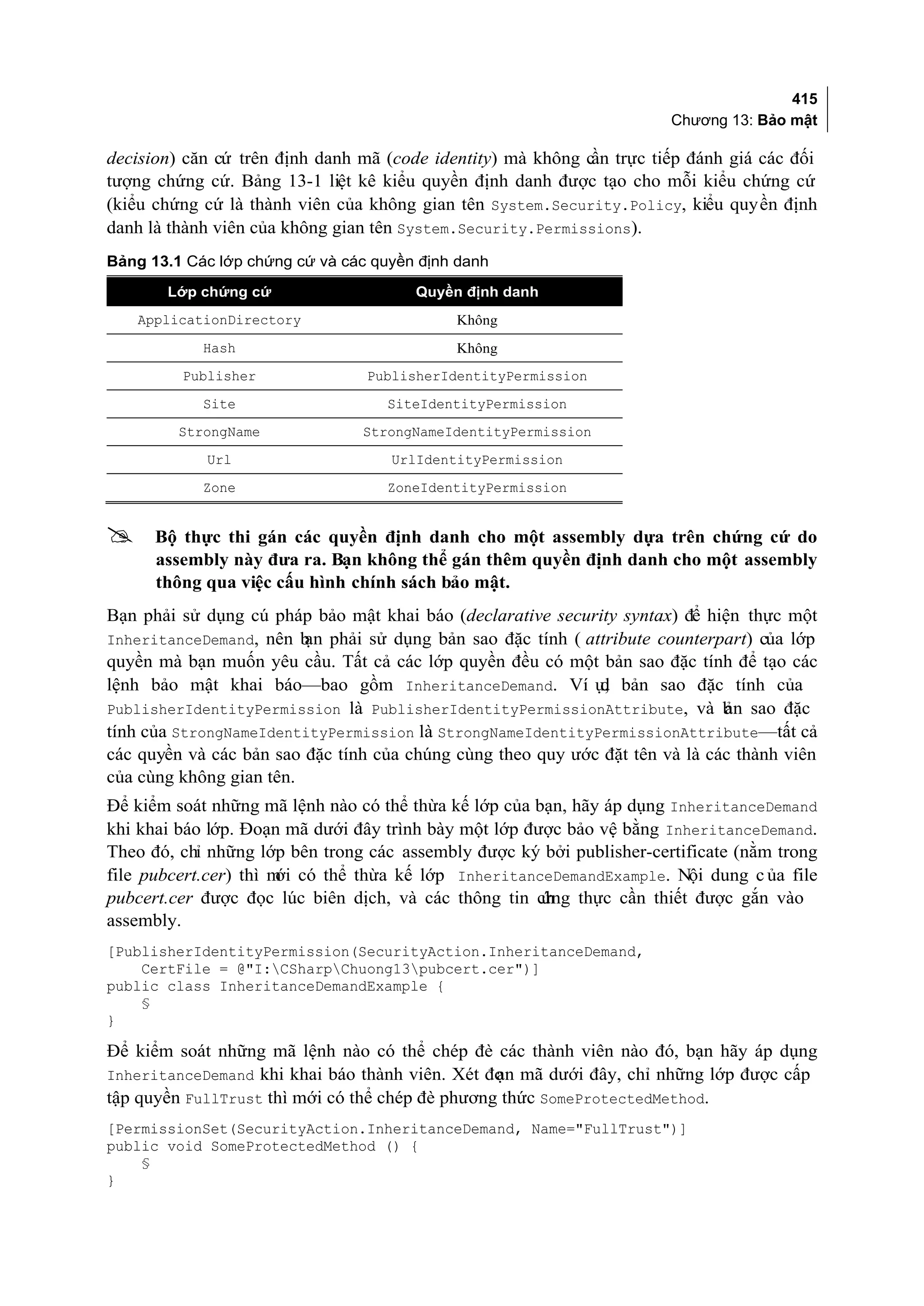 415
                                                                       Chương 13: Bảo mật

decision) căn cứ trên định danh mã (code identity) mà không cần trực tiếp đánh giá các đối
tượng chứng cứ. Bảng 13-1 liệt kê kiểu quyền định danh được tạo cho mỗi kiểu chứng cứ
(kiểu chứng cứ là thành viên của không gian tên System.Security.Policy, kiểu quyền định
danh là thành viên của không gian tên System.Security.Permissions).
Bảng 13.1 Các lớp chứng cứ và các quyền định danh
       Lớp chứng cứ                    Quyền định danh
    ApplicationDirectory                    Không
            Hash                            Không
         Publisher               PublisherIdentityPermission
            Site                    SiteIdentityPermission
         StrongName             StrongNameIdentityPermission
            Url                     UrlIdentityPermission
            Zone                    ZoneIdentityPermission


     Bộ thực thi gán các quyền định danh cho một assembly dựa trên chứng cứ do
      assembly này đưa ra. Bạn không thể gán thêm quyền định danh cho một assembly
      thông qua việc cấu hình chính sách bảo mật.
Bạn phải sử dụng cú pháp bảo mật khai báo (declarative security syntax) để hiện thực một
InheritanceDemand, nên b phải sử dụng bản sao đặc tính ( attribute counterpart) của lớp
                         ạn
quyền mà bạn muốn yêu cầu. Tất cả các lớp quyền đều có một bản sao đặc tính để tạo các
lệnh bảo mật khai báo—bao gồm InheritanceDemand. Ví ụ, bản sao đặc tính của
                                                             d
PublisherIdentityPermission là PublisherIdentityPermissionAttribute, và b sao đặc
                                                                              ản
tính của StrongNameIdentityPermission là StrongNameIdentityPermissionAttribute—tất cả
các quyền và các bản sao đặc tính của chúng cùng theo quy ước đặt tên và là các thành viên
của cùng không gian tên.
Để kiểm soát những mã lệnh nào có thể thừa kế lớp của bạn, hãy áp dụng InheritanceDemand
khi khai báo lớp. Đoạn mã dưới đây trình bày một lớp được bảo vệ bằng InheritanceDemand.
Theo đó, chỉ những lớp bên trong các assembly được ký bởi publisher-certificate (nằm trong
file pubcert.cer) thì m có thể thừa kế lớp InheritanceDemandExample. Nội dung c ủa file
                       ới
pubcert.cer được đọc lúc biên dịch, và các thông tin ch thực cần thiết được gắn vào
                                                       ứng
assembly.
[PublisherIdentityPermission(SecurityAction.InheritanceDemand,
    CertFile = @"I:CSharpChuong13pubcert.cer")]
public class InheritanceDemandExample {
    §
}

Để kiểm soát những mã lệnh nào có thể chép đè các thành viên nào đó, bạn hãy áp dụng
InheritanceDemand khi khai báo thành viên. Xét đo mã dưới đây, chỉ những lớp được cấp
                                                 ạn
tập quyền FullTrust thì mới có thể chép đè phương thức SomeProtectedMethod.
[PermissionSet(SecurityAction.InheritanceDemand, Name="FullTrust")]
public void SomeProtectedMethod () {
    §
}
 