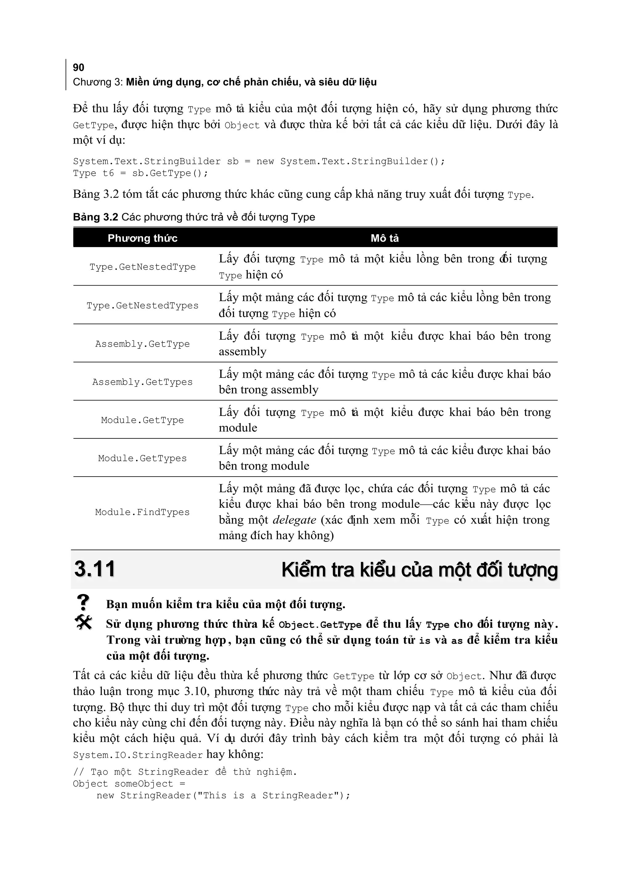 90
Chương 3: Miền ứng dụng, cơ chế phản chiếu, và siêu dữ liệu

Để thu lấy đối tượng Type mô tả kiểu của một đối tượng hiện có, hãy sử dụng phương thức
GetType, được hiện thực bởi Object và được thừa kế bởi tất cả các kiểu dữ liệu. Dưới đây là
một ví dụ:
System.Text.StringBuilder sb = new System.Text.StringBuilder();
Type t6 = sb.GetType();

Bảng 3.2 tóm tắt các phương thức khác cũng cung cấp khả năng truy xuất đối tượng Type.
Bảng 3.2 Các phương thức trả về đối tượng Type

      Phương thức                                        Mô tả
                            Lấy đối tượng Type mô tả một kiểu lồng bên trong đ tượng
                                                                             ối
   Type.GetNestedType
                            Type hiện có

                            Lấy một mảng các đối tượng Type mô tả các kiểu lồng bên trong
  Type.GetNestedTypes
                            đối tượng Type hiện có
                            Lấy đối tượng Type mô tả một kiểu được khai báo bên trong
    Assembly.GetType
                            assembly
                            Lấy một mảng các đối tượng Type mô tả các kiểu được khai báo
   Assembly.GetTypes
                            bên trong assembly
                            Lấy đối tượng Type mô tả một kiểu được khai báo bên trong
     Module.GetType
                            module
                            Lấy một mảng các đối tượng Type mô tả các kiểu được khai báo
    Module.GetTypes
                            bên trong module
                            Lấy một mảng đã được lọc, chứa các đối tượng Type mô tả các
                            kiểu được khai báo bên trong module—các kiểu này được lọc
    Module.FindTypes
                            bằng một delegate (xác định xem mỗi Type có xuất hiện trong
                            mảng đích hay không)


3.11                                    Kiểm tra kiểu của một đối tượng
     Bạn muốn kiểm tra kiểu của một đối tượng.
     Sử dụng phương thức thừa kế Object.GetType để thu lấy Type cho đối tượng này .
      Trong vài trường hợp , bạn cũng có thể sử dụng toán tử is và as để kiểm tra kiểu
      của một đối tượng.
Tất cả các kiểu dữ liệu đều thừa kế phương thức GetType từ lớp cơ sở Object. Như đã được
thảo luận trong mục 3.10, phương thức này trả về một tham chiếu Type mô tả kiểu của đối
tượng. Bộ thực thi duy trì một đối tượng Type cho mỗi kiểu được nạp và tất cả các tham chiếu
cho kiểu này cùng chỉ đến đối tượng này. Điều này nghĩa là bạn có thể so sánh hai tham chiếu
kiểu một cách hiệu quả. Ví dụ dưới đây trình bày cách kiểm tra một đối tượng có phải là
System.IO.StringReader hay không:
// Tạo một StringReader để thử nghiệm.
Object someObject =
    new StringReader("This is a StringReader");
 