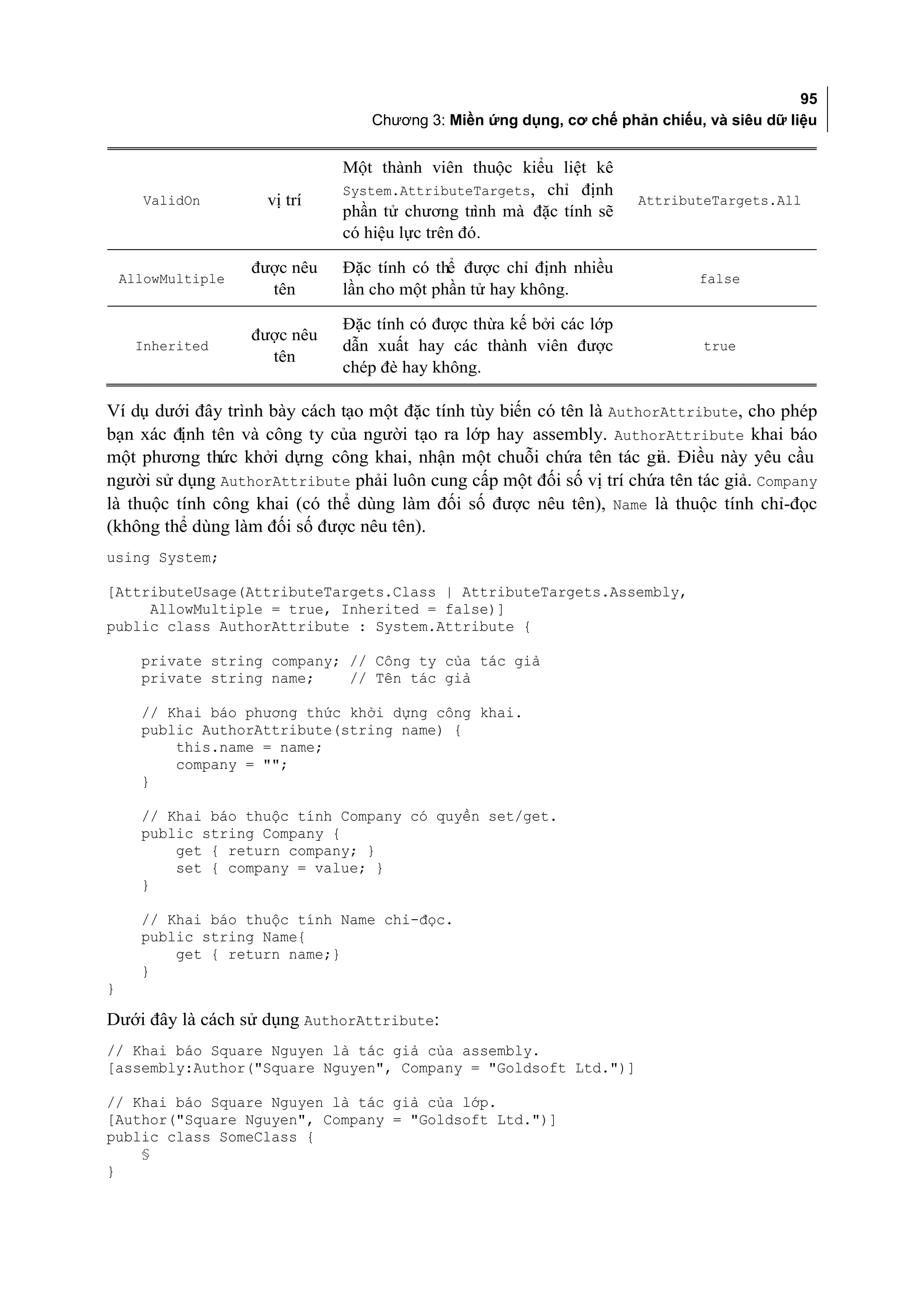 95
                                  Chương 3: Miền ứng dụng, cơ chế phản chiếu, và siêu dữ liệu


                               Một thành viên thuộc kiểu liệt kê
                               System.AttributeTargets, chỉ định
       ValidOn       vị trí                                           AttributeTargets.All
                               phần tử chương trình mà đặc tính sẽ
                               có hiệu lực trên đó.

                    được nêu   Đặc tính có thể được chỉ định nhiều
    AllowMultiple                                                            false
                      tên      lần cho một phần tử hay không.

                               Đặc tính có được thừa kế bởi các lớp
                    được nêu
      Inherited                dẫn xuất hay các thành viên được               true
                      tên
                               chép đè hay không.

Ví dụ dưới đây trình bày cách tạo một đặc tính tùy biến có tên là AuthorAttribute, cho phép
bạn xác định tên và công ty của người tạo ra lớp hay assembly. AuthorAttribute khai báo
một phương thức khởi dựng công khai, nhận một chuỗi chứa tên tác giả. Điều này yêu cầu
người sử dụng AuthorAttribute phải luôn cung cấp một đối số vị trí chứa tên tác giả. Company
là thuộc tính công khai (có thể dùng làm đối số được nêu tên), Name là thuộc tính chỉ-đọc
(không thể dùng làm đối số được nêu tên).
using System;

[AttributeUsage(AttributeTargets.Class | AttributeTargets.Assembly,
     AllowMultiple = true, Inherited = false)]
public class AuthorAttribute : System.Attribute {

      private string company; // Công ty của tác giả
      private string name;    // Tên tác giả

      // Khai báo phương thức khởi dựng công khai.
      public AuthorAttribute(string name) {
          this.name = name;
          company = "";
      }

      // Khai báo thuộc tính Company có quyền set/get.
      public string Company {
          get { return company; }
          set { company = value; }
      }

      // Khai báo thuộc tính Name chỉ-đọc.
      public string Name{
          get { return name;}
      }
}

Dưới đây là cách sử dụng AuthorAttribute:
// Khai báo Square Nguyen là tác giả của assembly.
[assembly:Author("Square Nguyen", Company = "Goldsoft Ltd.")]

// Khai báo Square Nguyen là tác giả của lớp.
[Author("Square Nguyen", Company = "Goldsoft Ltd.")]
public class SomeClass {
    §
}
 