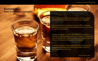 Estudo de mercado | Caraçuipe
Economia -
Sobre Distribuição e Consumo
Com o consumidor buscando economia, a indústria reage
executando promoções para se destacar nas prateleiras.
Ações temporárias de redução de preço (TPR - temporary
price reductions) tornam-se boas alternativas para o aumento
no consumo de bebidas.
Segundo a Nielsen, em 90% das categorias de bebidas, a
importância dos descontos aumentou, chegando a representar
mais de 40% de todo o volume vendido no Grande Varejo com
cerveja e misturas alcoólicas (ice), por exemplo.
O estudo da Nielsen ainda mostra que 44% do volume das
categorias de bebidas alcoólicas é comprado no final de
semana (sábado e domingo).
Fonte: Nilsen 2016
 