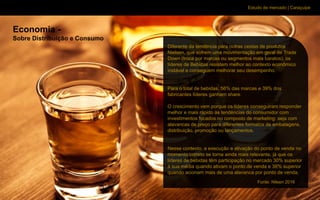 Estudo de mercado | Caraçuipe
Economia -
Sobre Distribuição e Consumo
Diferente da tendência para outras cestas de produtos
Nielsen, que sofrem uma movimentação em geral de Trade
Down (troca por marcas ou segmentos mais baratos), os
líderes de Bebidas resistem melhor ao contexto econômico
instável e conseguem melhorar seu desempenho.
Para o total de bebidas, 56% das marcas e 39% dos
fabricantes líderes ganham share.
O crescimento vem porque os líderes conseguiram responder
melhor e mais rápido às tendências do consumidor com
investimentos focados no composto de marketing: seja com
alavancas de preço para diferentes formatos de embalagens,
distribuição, promoção ou lançamentos.
Nesse contexto, a execução e ativação do ponto de venda no
momento correto se torna ainda mais relevante, já que os
líderes de bebidas têm participação no mercado 30% superior
à sua média quando ativam o ponto de venda e 38% superior
quando acionam mais de uma alavanca por ponto de venda.
Fonte: Nilsen 2016
 