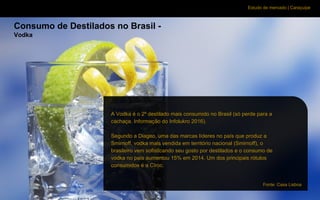 Estudo de mercado | Caraçuipe
Consumo de Destilados no Brasil -
Vodka
A Vodka é o 2º destilado mais consumido no Brasil (só perde para a
cachaça. Informação do Infolukro 2016).
Segundo a Diageo, uma das marcas líderes no país que produz a
Smirnoff, vodka mais vendida em território nacional (Smirnoff), o
brasileiro vem sofisticando seu gosto por destilados e o consumo de
vodka no país aumentou 15% em 2014. Um dos principais rótulos
consumidos é a Cîroc.
Fonte: Casa Lisboa
 