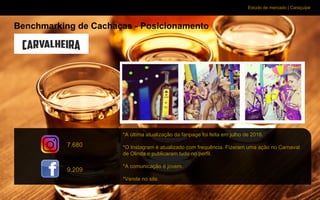 Estudo de mercado | Caraçuipe
Benchmarking de Cachaças - Posicionamento
*A última atualização da fanpage foi feita em julho de 2016.
*O Instagram é atualizado com frequência. Fizeram uma ação no Carnaval
de Olinda e publicaram tudo no perfil.
*A comunicação é jovem.
*Vende no site.
7.680
9.209
 