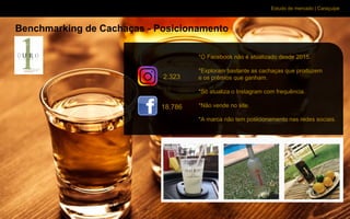 Estudo de mercado | Caraçuipe
Benchmarking de Cachaças - Posicionamento
*O Facebook não é atualizado desde 2015.
*Exploram bastante as cachaças que produzem
e os prêmios que ganham.
*Só atualiza o Instagram com frequência.
*Não vende no site.
*A marca não tem posicionamento nas redes sociais.
2.323
18.786
 