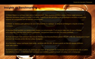 Estudo de mercado | Caraçuipe
Insights de Benchmarking
A Weber Haus é a cachaça mais cara e mais premium. Além da linha premium possui a linha super premium.
Algumas cachaças chegam a custar 2 mil reais. A aparência das garrafas e das embalagens remetem a qualidade
superior se comparada com as demais concorrentes.
A Middas se destaca pelo glamour do ouro 23k presente na cachaça. O conjunto embalagem e líquido é bonito
e arrojado.
A Gouveia Brasil também se destaca pelo design e a comunicação. É um pouco mais cara do que a Middas
e é a segunda mais top entre premium avaliadas. Lançará em breve um licor fino extra premium.
As duas cachaças mais premium das marcas Middas e da Gouveia Brasil custam R$ 230 e R$ 239. Sendo que a super
premium da Gouveia ainda não tem preço divulgado.
Já a Germana possui cachaças mais caras, vendidas até R$ 250. Só que quando se fala em design preferem
optar pelo rústico.
Se formos avaliar pelos preços, as cachaças que mais se aproximam da Caraçuipe em posicionamento são a Leblon,
Carvalheira e Ouro 1. A Germana tem cachaças que também podem competir em preço com a Caraçuipe.
 