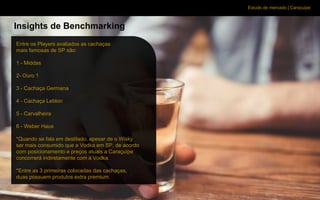 Estudo de mercado | Caraçuipe
Insights de Benchmarking
Entre os Players avaliados as cachaças
mais famosas de SP são:
1 - Middas
2- Ouro 1
3 - Cachaça Germana
4 - Cachaça Leblon
5 - Carvalheira
6 - Weber Haus
*Quando se fala em destilado, apesar de o Wisky
ser mais consumido que a Vodka em SP, de acordo
com posicionamento e preços atuais a Caraçuípe
concorrerá indiretamente com a Vodka.
*Entre as 3 primeiras colocadas das cachaças,
duas possuem produtos extra premium.
 