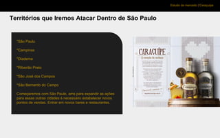 Estudo de mercado | Caraçuipe
Territórios que Iremos Atacar Dentro de São Paulo
*São Paulo
*Campinas
*Diadema
*Ribeirão Preto
*São José dos Campos
*São Bernardo do Campo
Começaremos com São Paulo, ams para expandir as ações
para essas outras cidades é necessário estabelecer novos
pontos de vendas. Entrar em novos bares e restaurantes.
 