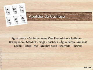Apelidos da Cachaça




 Aguardente - Caninha - Água Que Passarinho Não Bebe -
Branquinha - Mardita - Pinga - Cachaça - Água Benta - Amansa
   Corno – Birita - Mé - Quebra-Gelo - Malvada - Purinha




                                                         VOLTAR
 