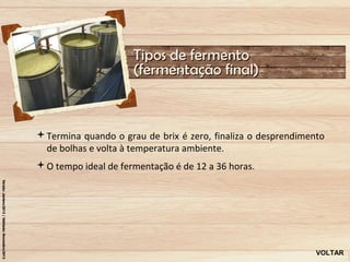 Tipos de fermento
                     (fermentação final)



Termina quando o grau de brix é zero, finaliza o desprendimento
 de bolhas e volta à temperatura ambiente.
O tempo ideal de fermentação é de 12 a 36 horas.




                                                              VOLTAR
 