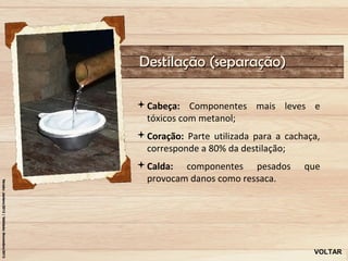 Destilação (separação)

Cabeça: Componentes mais leves e
 tóxicos com metanol;
Coração: Parte utilizada para a cachaça,
 corresponde a 80% da destilação;
Calda: componentes pesados          que
 provocam danos como ressaca.




                                       VOLTAR
 