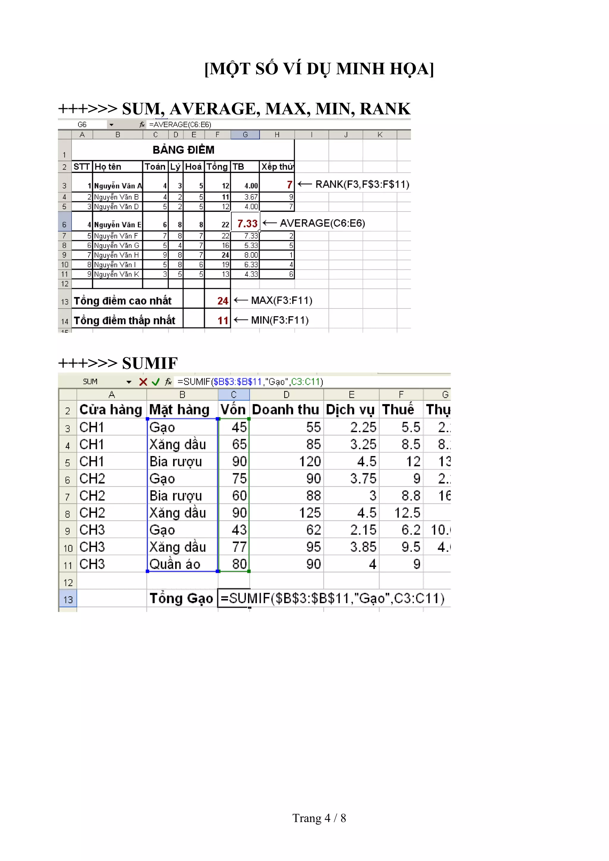 [MỘT SỐ VÍ DỤ MINH HỌA]
+++>>> SUM, AVERAGE, MAX, MIN, RANK
+++>>> SUMIF
Trang 4 / 8
 
