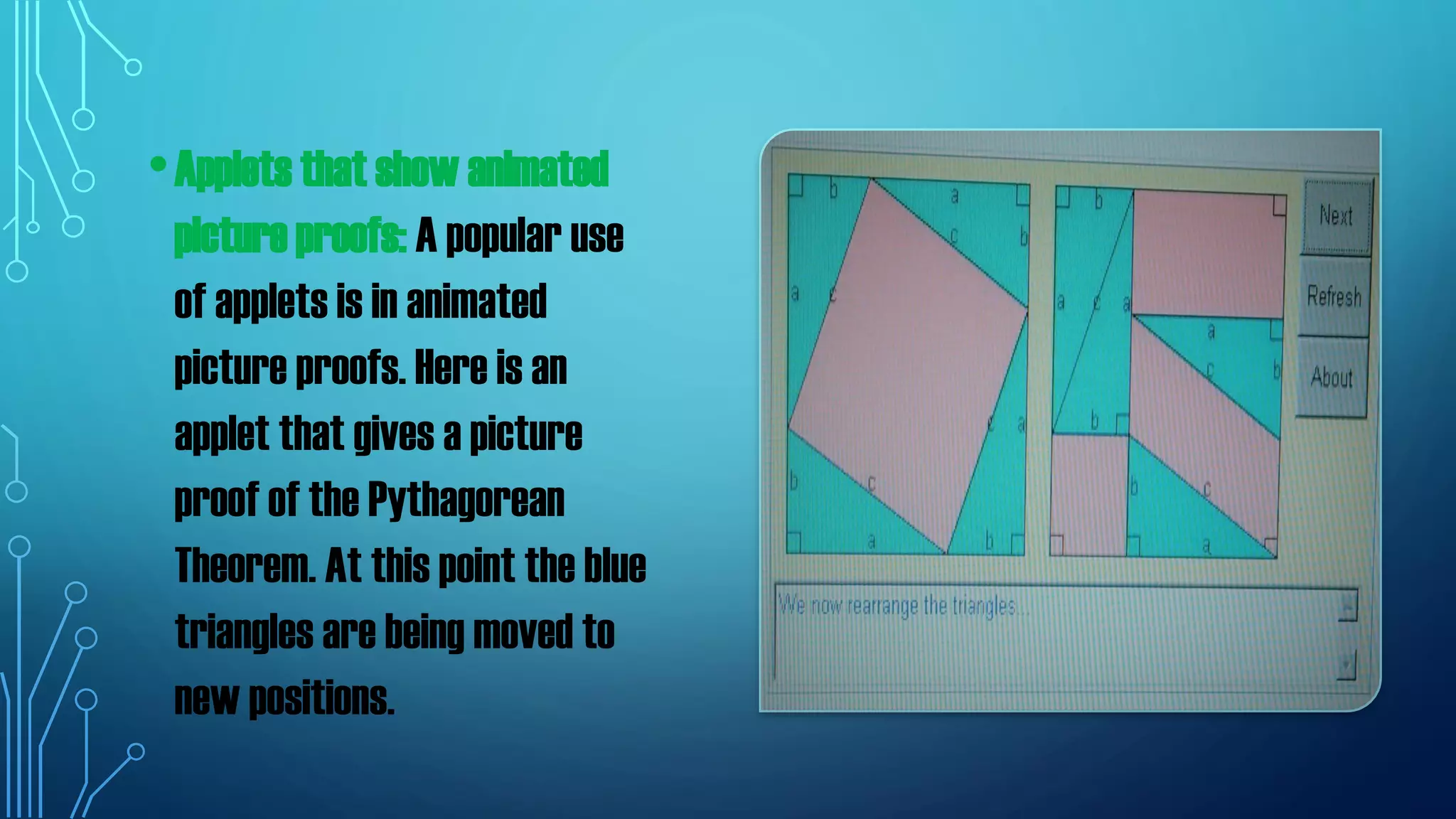 •Applets that show animated
picture proofs: A popular use
of applets is in animated
picture proofs. Here is an
applet that gives a picture
proof of the Pythagorean
Theorem. At this point the blue
triangles are being moved to
new positions.
 