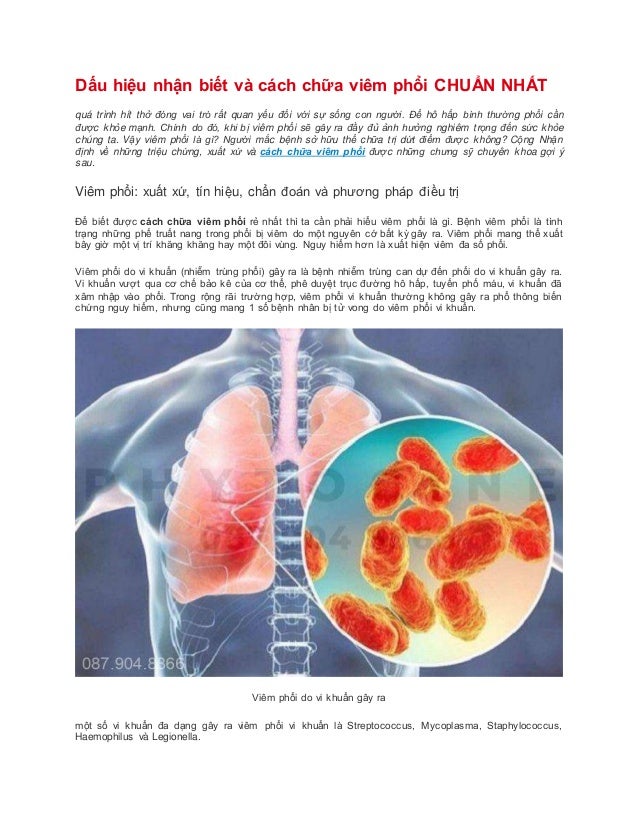 Dấu hiệu nhận biết và cách chữa viêm phổi CHUẨN NHẤT
quá trình hít thở đóng vai trò rất quan yếu đối với sự sống con người. Để hô hấp bình thường phổi cần
được khỏe mạnh. Chính do đó, khi bị viêm phổi sẽ gây ra đầy đủ ảnh hưởng nghiêm trọng đến sức khỏe
chúng ta. Vậy viêm phổi là gì? Người mắc bệnh sở hữu thể chữa trị dứt điểm được không? Cộng Nhận
định về những triệu chứng, xuất xứ và cách chữa viêm phổi được những chưng sỹ chuyên khoa gợi ý
sau.
Viêm phổi: xuất xứ, tín hiệu, chẩn đoán và phương pháp điều trị
Để biết được cách chữa viêm phổi rẻ nhất thì ta cần phải hiểu viêm phổi là gì. Bệnh viêm phổi là tình
trạng những phế truất nang trong phổi bị viêm do một nguyên cớ bất kỳ gây ra. Viêm phổi mang thể xuất
bây giờ một vị trí khăng khăng hay một đôi vùng. Nguy hiểm hơn là xuất hiện viêm đa số phổi.
Viêm phổi do vi khuẩn (nhiễm trùng phổi) gây ra là bệnh nhiễm trùng can dự đến phổi do vi khuẩn gây ra.
Vi khuẩn vượt qua cơ chế bảo kê của cơ thể, phê duyệt trục đường hô hấp, tuyến phố máu, vi khuẩn đã
xâm nhập vào phổi. Trong rộng rãi trường hợp, viêm phổi vi khuẩn thường không gây ra phổ thông biến
chứng nguy hiểm, nhưng cũng mang 1 số bệnh nhân bị tử vong do viêm phổi vi khuẩn.
Viêm phổi do vi khuẩn gây ra
một số vi khuẩn đa dạng gây ra viêm phổi vi khuẩn là Streptococcus, Mycoplasma, Staphylococcus,
Haemophilus và Legionella.
 
