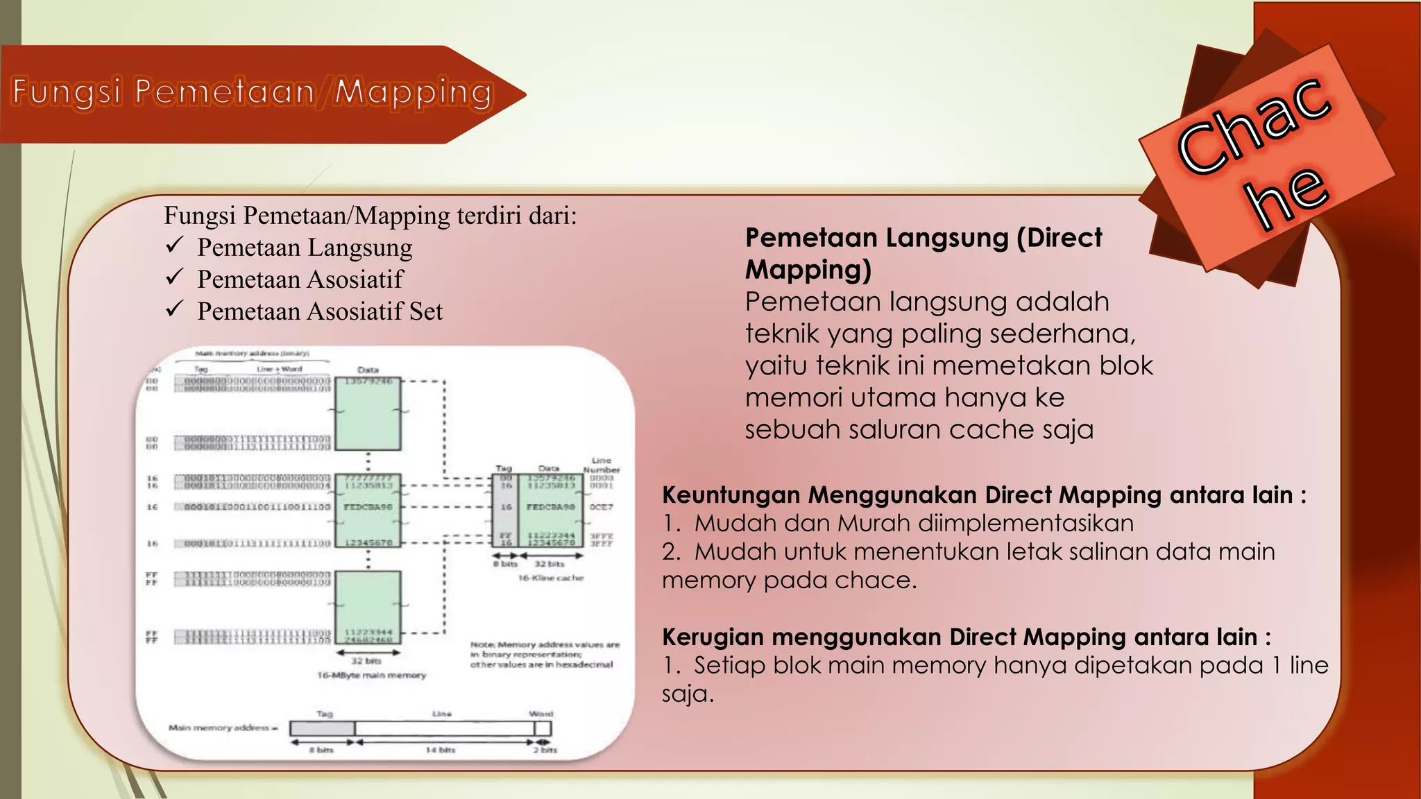 Fungsi Pemetaan/Mapping terdiri dari:
 Pemetaan Langsung
 Pemetaan Asosiatif
 Pemetaan Asosiatif Set
Pemetaan Langsung (Direct
Mapping)
Pemetaan langsung adalah
teknik yang paling sederhana,
yaitu teknik ini memetakan blok
memori utama hanya ke
sebuah saluran cache saja
Keuntungan Menggunakan Direct Mapping antara lain :
1. Mudah dan Murah diimplementasikan
2. Mudah untuk menentukan letak salinan data main
memory pada chace.
Kerugian menggunakan Direct Mapping antara lain :
1. Setiap blok main memory hanya dipetakan pada 1 line
saja.
 