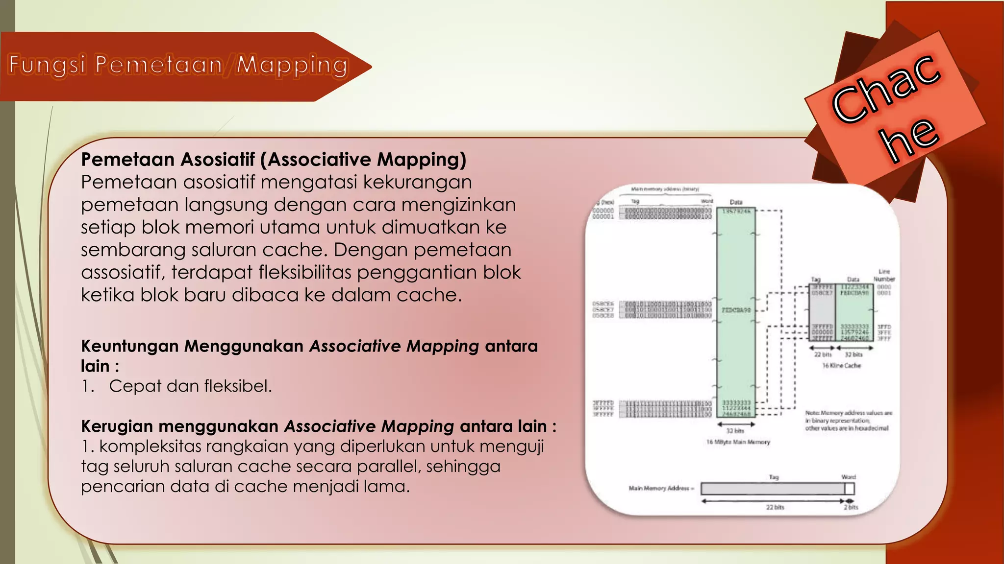 Pemetaan Asosiatif (Associative Mapping)
Pemetaan asosiatif mengatasi kekurangan
pemetaan langsung dengan cara mengizinkan
setiap blok memori utama untuk dimuatkan ke
sembarang saluran cache. Dengan pemetaan
assosiatif, terdapat fleksibilitas penggantian blok
ketika blok baru dibaca ke dalam cache.
Keuntungan Menggunakan Associative Mapping antara
lain :
1. Cepat dan fleksibel.
Kerugian menggunakan Associative Mapping antara lain :
1. kompleksitas rangkaian yang diperlukan untuk menguji
tag seluruh saluran cache secara parallel, sehingga
pencarian data di cache menjadi lama.
 