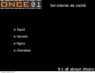 Servidores de caché




                             Squid

                             Varnish

                             Nginx

                             Cherokee




Thursday, October 25, 2012
 