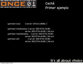 Caché
                                                           Primer ejemplo



              upstream local ! !   { server 127.0.0.1:8080; }

              upstream mendozaaaa ! server 200.57.34.35:80;
                                    {
                                server 200.57.34.45:80; } #c.w.h
              upstream mozillamexico ! { server 200.57.34.35:80;
                                server 200.57.34.45:80; } #c.w.h
              upstream enli! ! ! { server 200.57.34.35:80;
                                server 200.57.34.45:80; } #c.w.h




Thursday, October 25, 2012
 