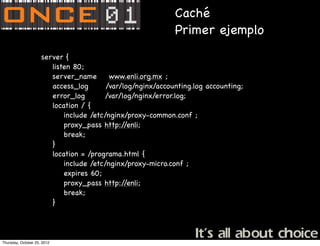 Caché
                                                            Primer ejemplo
                     server {
                     ! listen 80;
                     ! server_name ! www.enli.org.mx ;
                     ! access_log      /var/log/nginx/accounting.log accounting;
                     ! error_log       /var/log/nginx/error.log;
                     ! location / {
                     ! ! include /etc/nginx/proxy-common.conf ;
                     ! ! proxy_pass http:/   /enli;
                     ! ! break;
                     ! }
                     ! location = /programa.html {
                     ! ! include /etc/nginx/proxy-micro.conf ;
                     ! ! expires 60;
                     ! ! proxy_pass http:/   /enli;
                     ! ! break;
                     ! }




Thursday, October 25, 2012
 