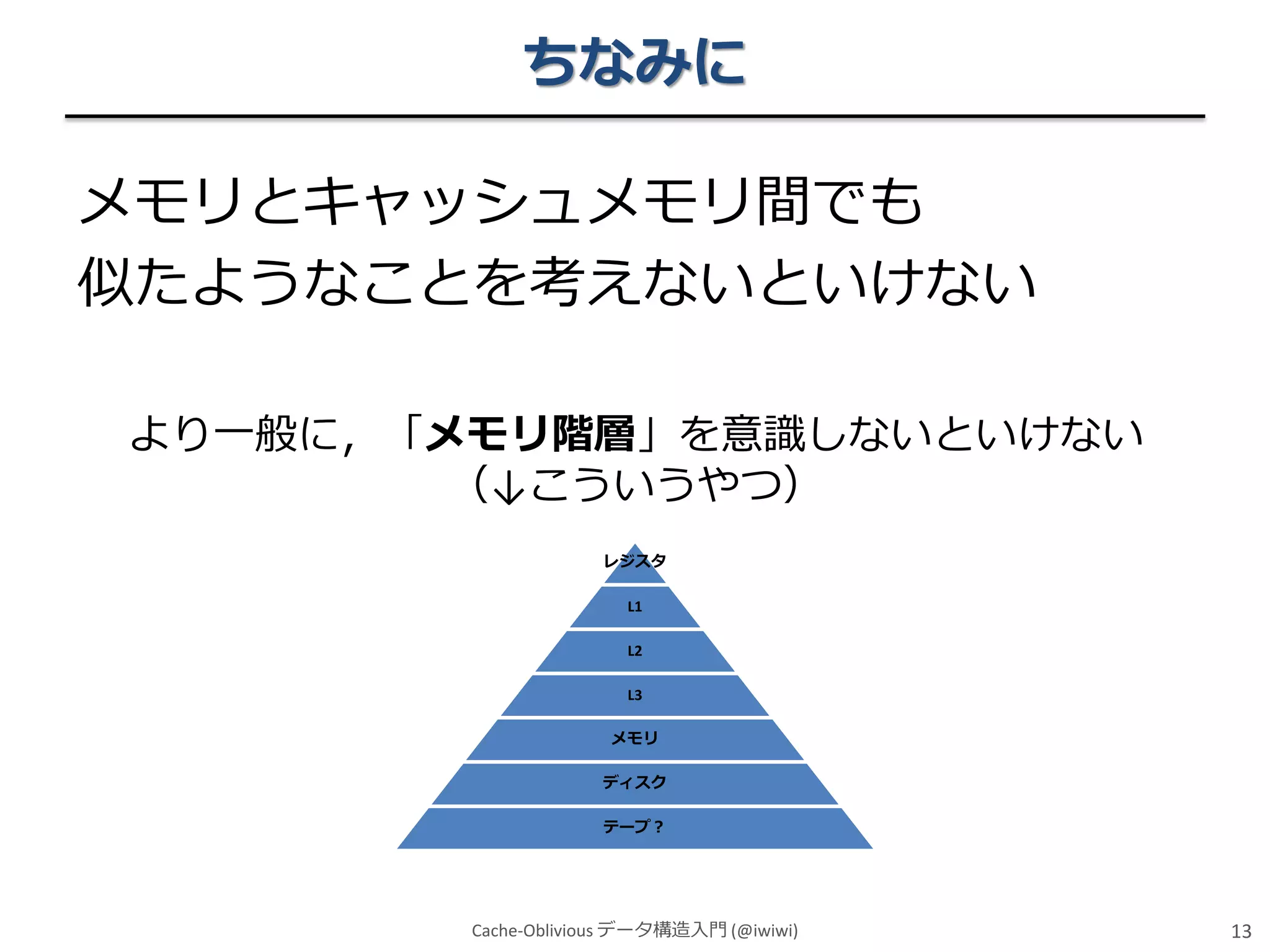 ちなみに
メモリとキャッシュメモリ間でも
似たようなことを考えないといけない
より一般に，「メモリ階層」を意識しないといけない
（↓こういうやつ）
レジスタ
L1
L2
L3
メモリ
ディスク
テープ？

Cache-Oblivious データ構造入門 (@iwiwi)

13

 