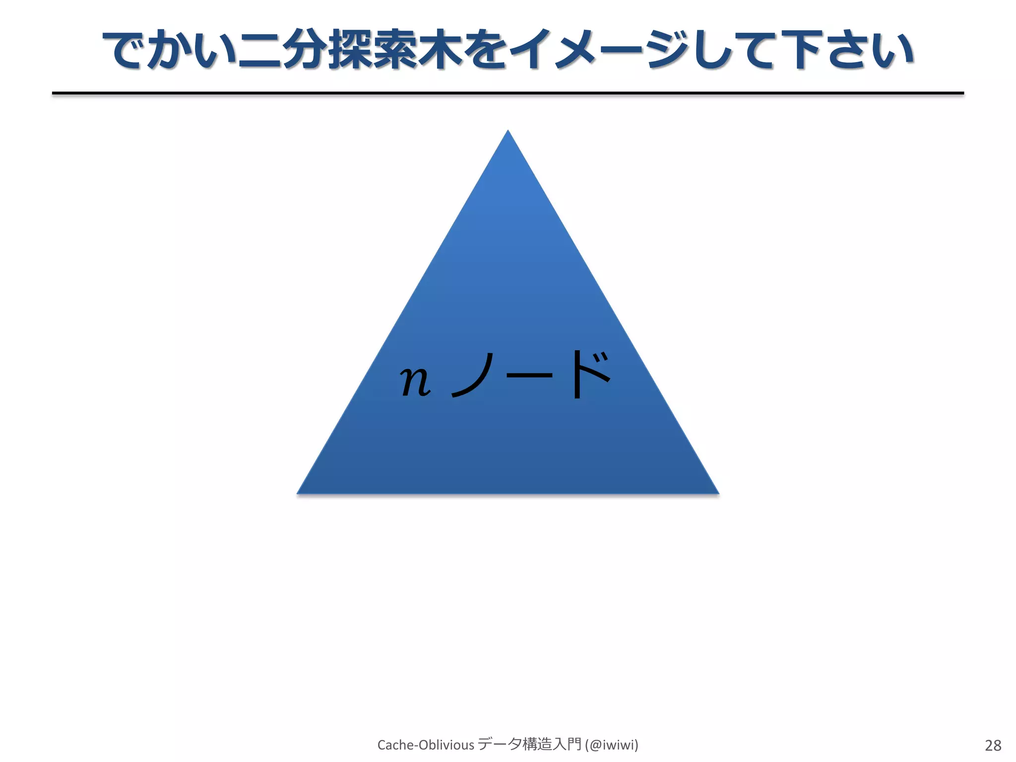 でかい二分探索木をイメージして下さい

𝑛 ノード

Cache-Oblivious データ構造入門 (@iwiwi)

28

 