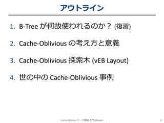 アウトライン
1. B-Tree が何故使われるのか？ (復習)

2. Cache-Oblivious の考え方と意義
3. Cache-Oblivious 探索木 (vEB Layout)
4. 世の中の Cache-Oblivious 事例

Cache-Oblivious データ構造入門 (@iwiwi)

3

 
