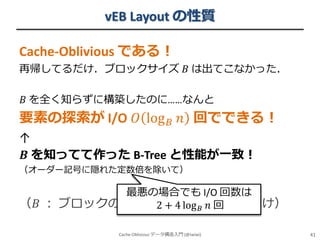vEB Layout の性質
Cache-Oblivious である！
再帰してるだけ．ブロックサイズ 𝐵 は出てこなかった．
𝐵 を全く知らずに構築したのに……なんと

要素の探索が I/O 𝑂 log 𝐵 𝑛 回でできる！
↑
𝑩 を知ってて作った B-Tree と性能が一致！
（オーダー記号に隠れた定数倍を除いて）

最悪の場合でも I/O 回数は
（𝐵 ： ブロックのサイズですlog 𝐵 𝑛 回
2 + 4 ← 忘れた人むけ）
Cache-Oblivious データ構造入門 (@iwiwi)

41

 