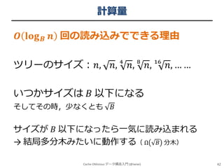 計算量
𝑶 𝐥𝐨𝐠

𝑩

𝒏 回の読み込みでできる理由

ツリーのサイズ：𝑛,

𝑛, 4 𝑛, 8 𝑛, 16 𝑛, … …

いつかサイズは 𝐵 以下になる
そしてその時，少なくとも

𝐵

サイズが 𝐵 以下になったら一気に読み込まれる
→ 結局多分木みたいに動作する（ Ω 𝐵 分木）
Cache-Oblivious データ構造入門 (@iwiwi)

42

 