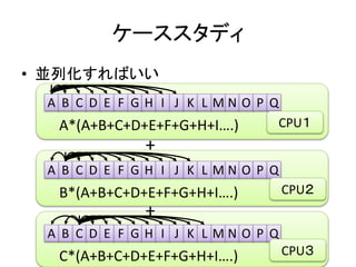 ケーススタディ
• 並列化すればいい
A B C D E F G H I J K L M N O P Q
A*(A+B+C+D+E+F+G+H+I….)
B C D E F G H I J K L M N O P QA
B*(A+B+C+D+E+F+G+H+I….)
+
+
C D E F G H I J K L M N O P QBA
C*(A+B+C+D+E+F+G+H+I….)
CPU１
CPU２
CPU３
 