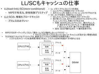 LL/SCもキャッシュの仕事
●
LL(load-link)/SC(store-conditional)
– MIPSで有名な、排他制御プリミティブ
●
LLとSCの、情報をブロードキャスト
– アドレスのみでいい
CPUコア#0
DRAM
キャッシュ
制御
高速
RAM
キャッシュ
アドレス
データ
キャッシュ
制御
高速
RAM
キャッシュ
アドレス
データ
CPUコア#1
●
LL: メモリ・アドレスにリンクを張る
●
LLしたアドレス情報をブロードキャスト
●
自キャッシュ内 当該エントリに LL したフラグを立てる
●
SC: ストアを実行、失敗することもある
●
SCしたら、SCアドレス情報をブロードキャスト
●
受け取った人は、自キャッシュ内のアドレスをチェックし
て、LL していたら、失敗フラグを立てる
●
失敗: 自分がLLをしたアドレスに、 誰かがLLした
or 誰かがすでにストアした → 権利取得失敗
●
先にLLした方が、勝つ方式もあり得る
●
成功: 自分が書き込めた → 権利取得できた
●
MIPSでOSポーティングしてる人:「親分、LL/SCが動作しないんですけど…」
↑ キャッシュがイネーブルになっていない or キャッシュが効かない領域を指定
●
TEST&SET のようなプリミティブは、資源(主にバスなど)を専有する時間が長い
– システムのメイン・バスを長時間 専有されると、システム全体の性能が ガタ落ちになる
 