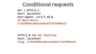 Conditional requests
HTTP/1.0 304 Not Modified
Host: localhost
Etag: 7c9d70604c6061da9bb9377d3f00eb27
GET / HTTP/1.1
Host: localhost
User-Agent: curl/7.48.0
If-None-Match:
7c9d70604c6061da9bb9377d3f00eb27
 