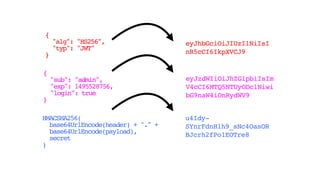 eyJzdWIiOiJhZG1pbiIsIm
V4cCI6MTQ5NTUyODc1Niwi
bG9naW4iOnRydWV9
{
"alg": "HS256",
 "typ": "JWT"
}
{
"sub": "admin",
"exp": 1495528756,
"login": true
}
HMACSHA256(
base64UrlEncode(header) + "." +
base64UrlEncode(payload),
secret
)
eyJhbGciOiJIUzI1NiIsI
nR5cCI6IkpXVCJ9
u4Idy-
SYnrFdnH1h9_sNc4OasOR
BJcrh2fPo1EOTre8
 