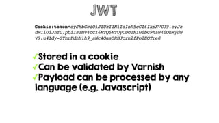 JWT
Cookie:token=eyJhbGciOiJIUzI1NiIsInR5cCI6IkpXVCJ9.eyJz
dWIiOiJhZG1pbiIsImV4cCI6MTQ5NTUyODc1NiwibG9naW4iOnRydW
V9.u4Idy-SYnrFdnH1h9_sNc4OasORBJcrh2fPo1EOTre8
✓Stored in a cookie
✓Can be validated by Varnish
✓Payload can be processed by any
language (e.g. Javascript)
 
