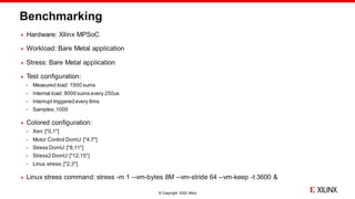 © Copyright 2020 Xilinx
Benchmarking
 Hardware: Xilinx MPSoC
 Workload: Bare Metal application
 Stress: Bare Metal application
 Test configuration:
 Measured load: 1500 sums
 Internal load: 8000 sums every 250us
 Interrupt triggered every 8ms
 Samples:1000
 Colored configuration:
 Xen: ["0,1"]
 Motor Control DomU: ["4,7"]
 Stress DomU: ["8,11"]
 Stress2 DomU:["12,15"]
 Linux stress:["2,3"]
 Linux stress command: stress -m 1 --vm-bytes 8M --vm-stride 64 --vm-keep -t 3600 &
 