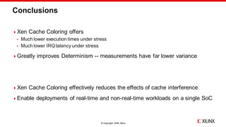 © Copyright 2020 Xilinx
Conclusions
Xen Cache Coloring offers
 Much lower execution times under stress
 Much lower IRQ latency under stress
Greatly improves Determinism -- measurements have far lower variance
Xen Cache Coloring effectively reduces the effects of cache interference
Enable deployments of real-time and non-real-time workloads on a single SoC
 