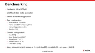 © Copyright 2020 Xilinx
Benchmarking
 Hardware: Xilinx MPSoC
 Workload: Bare Metal application
 Stress: Bare Metal appl...