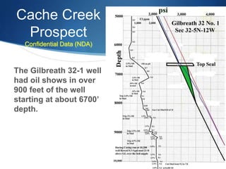 Cache Creek
 Prospect
  Confidential Data (NDA)



The Gilbreath 32-1 well
had oil shows in over
900 feet of the well
starting at about 6700’
depth.
 