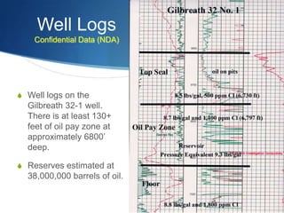 Well Logs
    Confidential Data (NDA)




 Well logs on the
  Gilbreath 32-1 well.
  There is at least 130+
  feet of oil pay zone at
  approximately 6800’
  deep.

 Reserves estimated at
  38,000,000 barrels of oil.
 