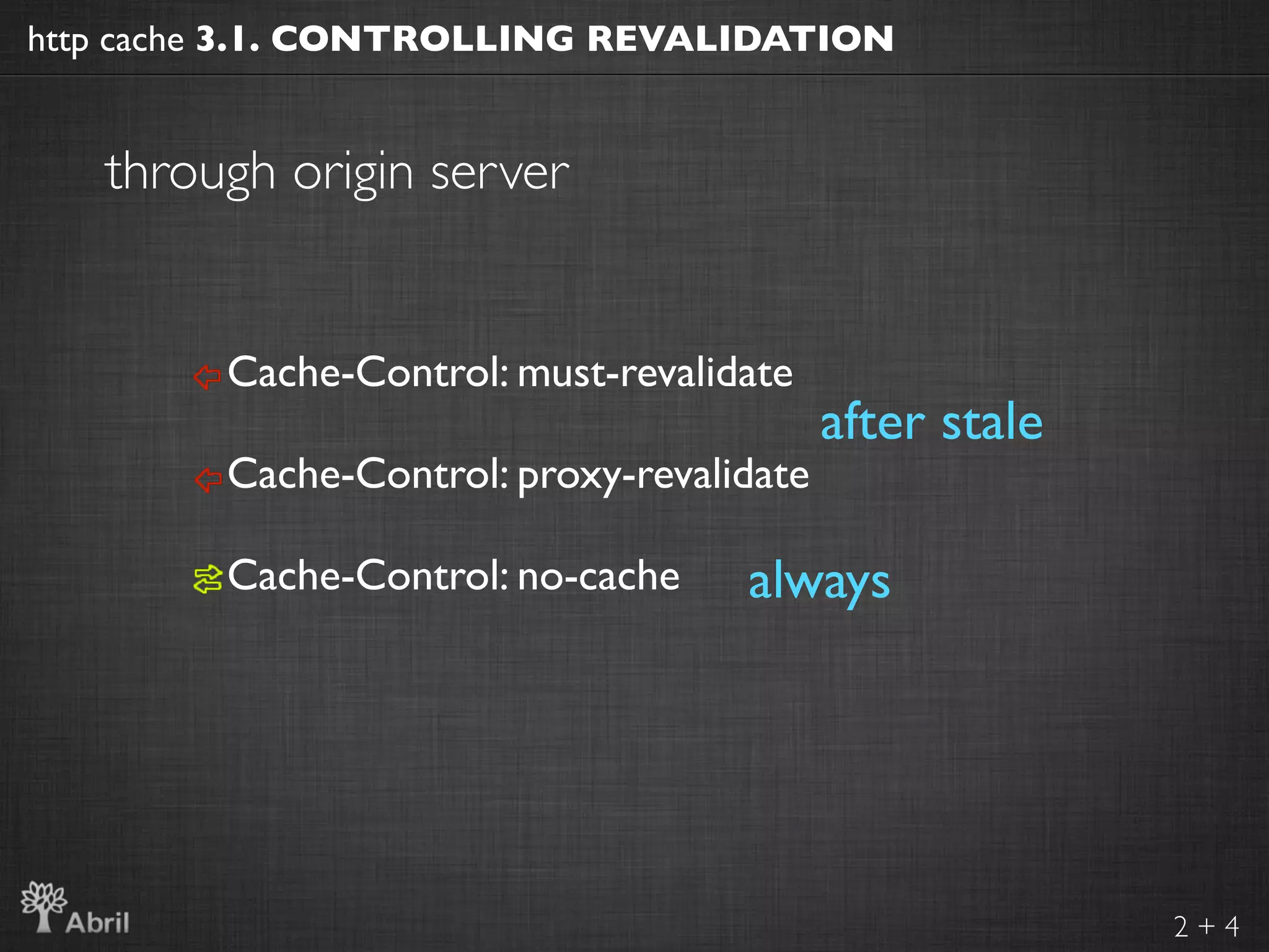 http cache 3.1. CONTROLLING REVALIDATION


   through origin server


         Cache-Control: must-revalidate
                                           after stale
         Cache-Control: proxy-revalidate

         Cache-Control: no-cache    always




                                                         2+4
 